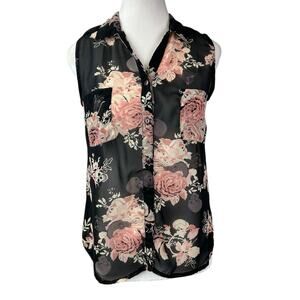 Marisol Floral Skull Semi Sheer Sleeveless Button Frint Top Sz Small Black Pink